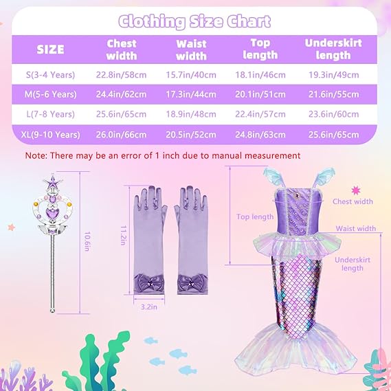 Nolangs Mermaid Dress for Girls – Princess Costume with Bag
