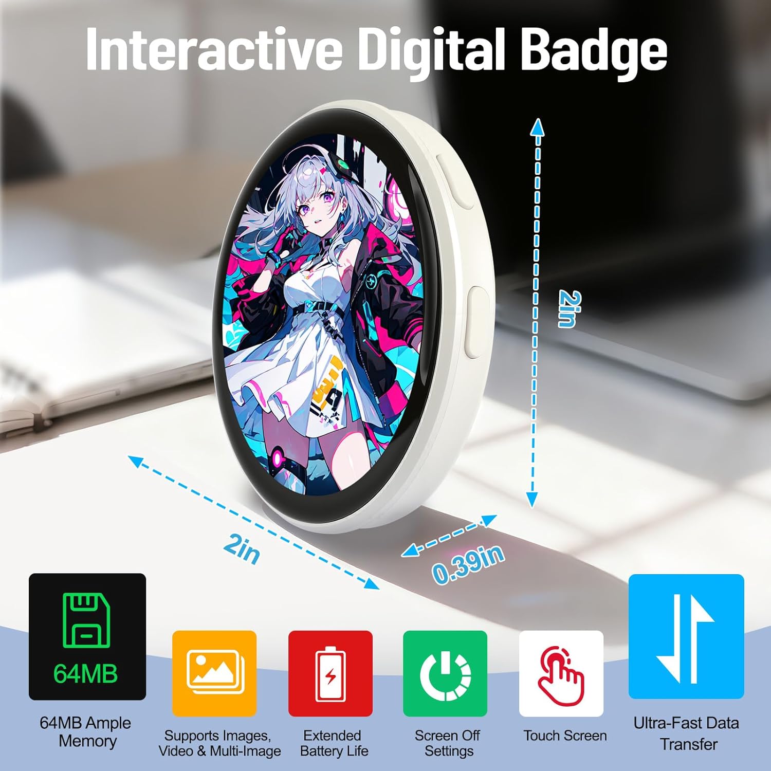 Digital Badge Pin with Anime Themed Pixel Screen - Smart E-Badge for Backpacks Cool Button Display Photo Name Tag - Perfect Electronic Gift for Anime Enthusiasts