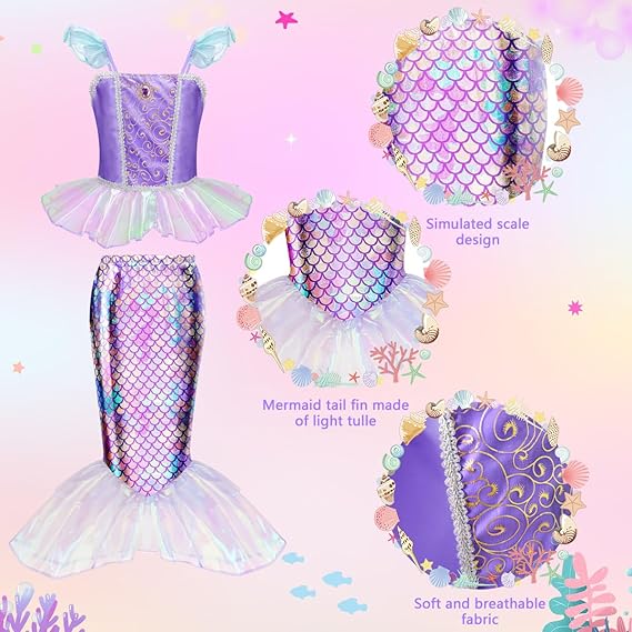 Nolangs Mermaid Dress for Girls – Princess Costume with Bag